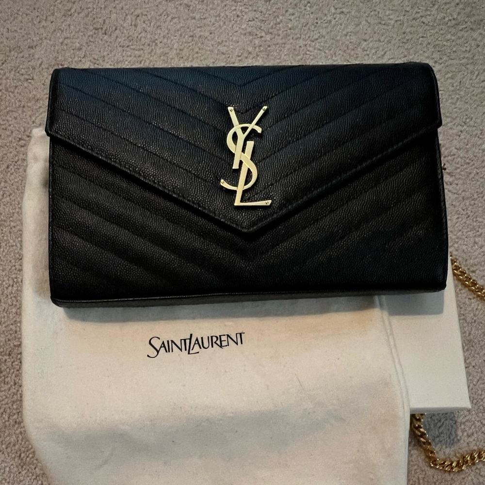 Saint Laurent Black Chevron Quilted Small Wallet Clutch